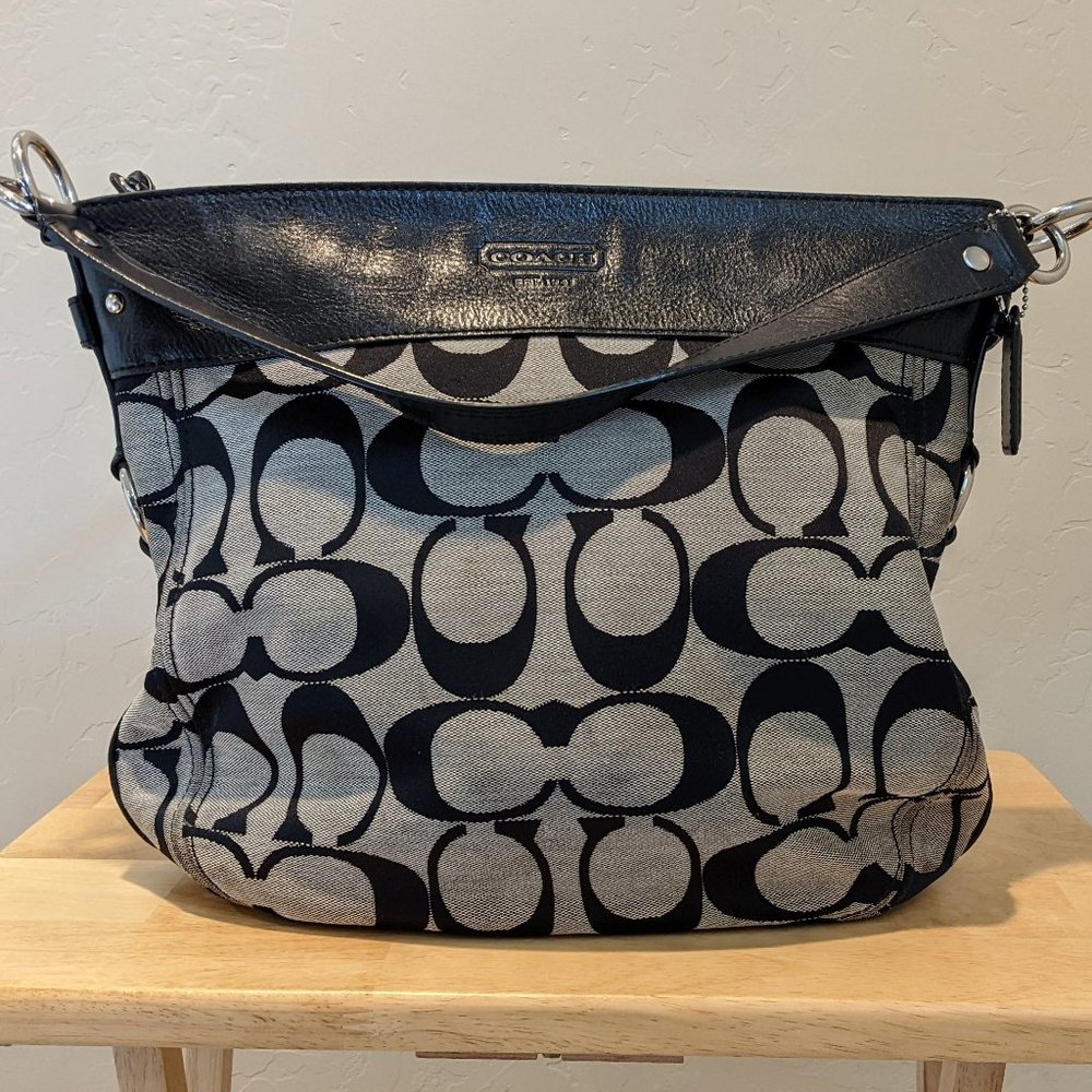 Coach Signature black and grey canvas hobo bag